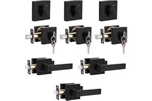 home improvement direct 3 Pack Keyed Entry Door Lever and Single Cylinder Deadbolt Set, Keyed Alike Reversible Lockset, Matte Black Square Interior/Exterior Handleset for Bedroom, Front Door