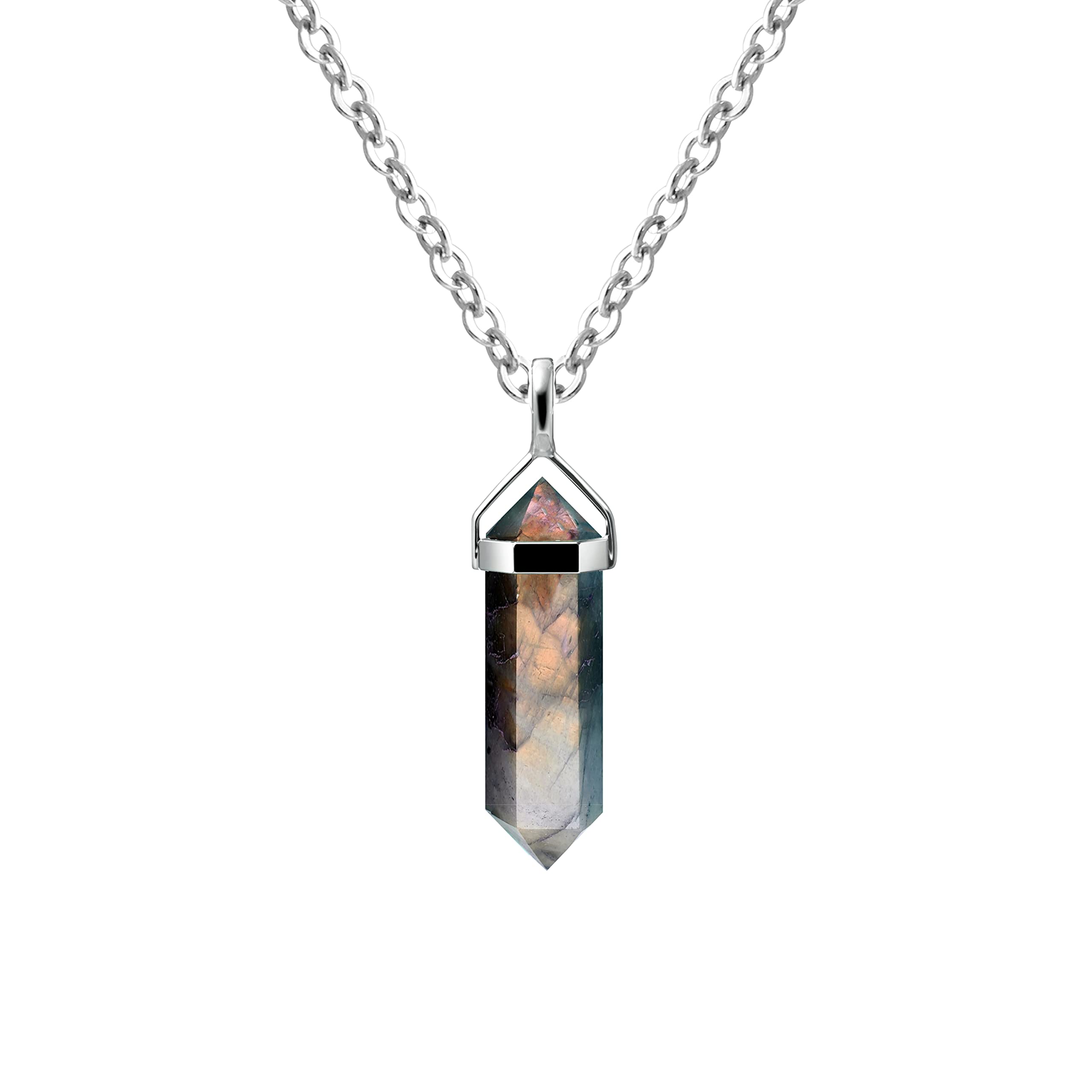 Franki Baker Natural Iridescent Labradorite Gemstone & Sterling Silver Small Double Point Pendant Necklace. Pendant Length: 2.7cm. Chain Length: 50cm.