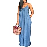 Chuanqi Womens Summer Spaghetti Strap Dresses Casual Denim Deep V Neck Loose Maxi Dress