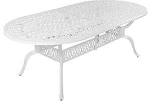 MEETWARM Outdoor 84" Oval Patio Dining Table, All Weather Cast Aluminum Large Patio Furniture Table Fits for 6-8 Person with 2" Umbrella Hole, White