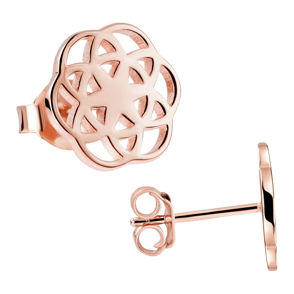 Materia Flat Stud Earrings 925 Silver Women's Mandala Earrings, Flower of Life, 10 mm, Round, Rhodium-Plated or Gold-Plated Rose-Gold