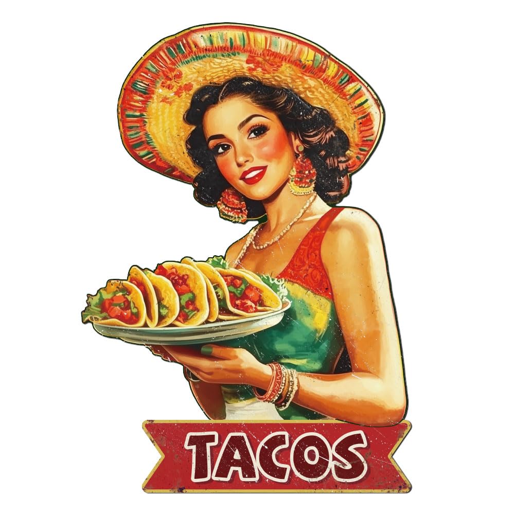 WADORN Vintage Taco Lady Metal Tin Sign, Mexican Taco Retro Tin Sign Hanging Decor for Cafes Shops Restaurants Taco Foods Metal Wall Plaque Decoration for Home Decoration, 10.23x14.56 Inch