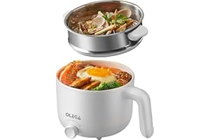OLEGA Mini Electric Pot with Steamer, 1.2L Non-Stick Hot Pot Electric Cooker, Portable Ramen Cooker, Small Cooking Pot with Dual Power Control for Dorm, Office, Travel﻿