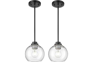 Audickic Pendant Lights Kitchen Island 2 Pack, 7" Modern Black Hanging Lights Fixtures with Clear Glass Globe Shade, Kitchen Island Lighting for Bathroom, AD-22280-1P2-BK-C