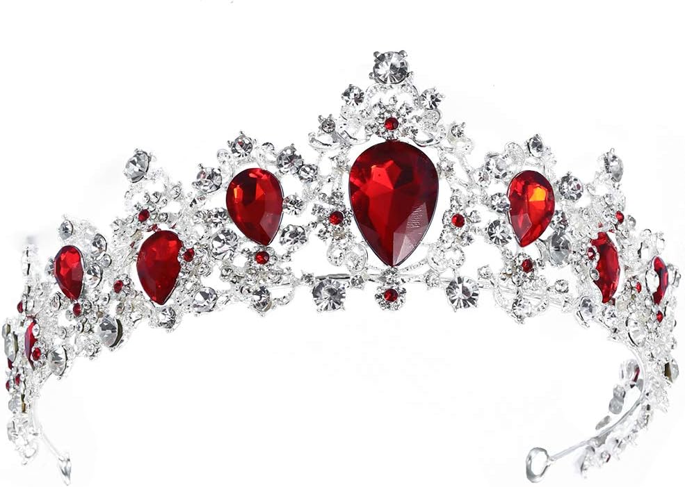 Frcolor Red Crystal Crown Wedding Bridal Tiara Queen Princess Headpieces Rhinestone Headbands for Birthday Party