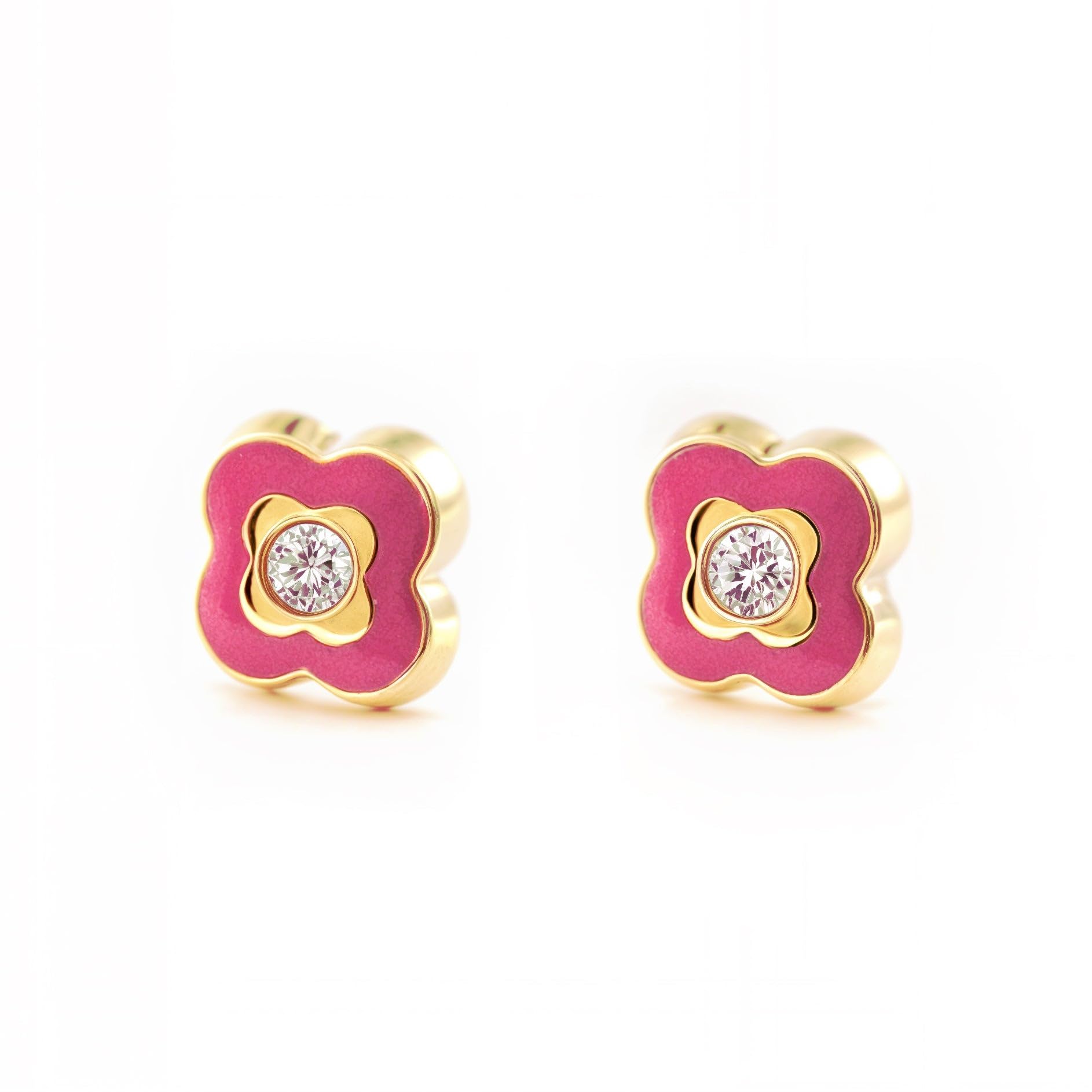 9ct Yellow Gold flower pink enamel Children's Earrings