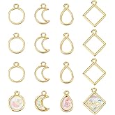 CHGCRAFT 48Pcs 4 Styles Golden Geometric Hollow Frame Charms Teardrop Round Square Moon Alloy Open Back Bezel Pendants for DIY UV Resin Pressed Flower Jewelry, Length 14-19mm