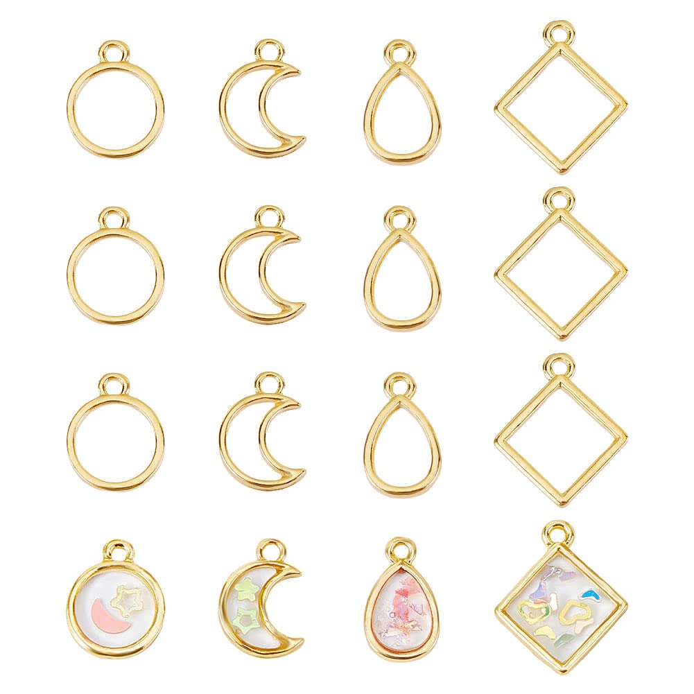 CHGCRAFT 48Pcs 4 Styles Golden Geometric Hollow Frame Charms Teardrop Round Square Moon Alloy Open Back Bezel Pendants for DIY UV Resin Pressed Flower Jewelry, Length 14-19mm
