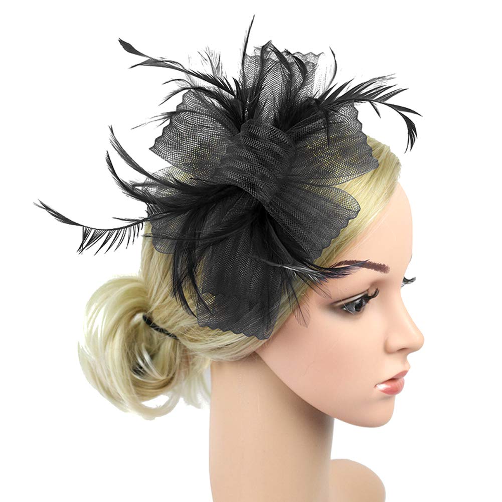 Ladies Retro Elegant Flower Hair Fascinator Hat Feather Mesh Net Veil Wedding Hats Vintage Hair Accessories Women Headwear with Headband and Clip for Cocktail Tea Party