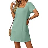 AlvaQ Womens Solid Color Casual Summer Square Neck Short Sleeve Mini Dresses with Pockets