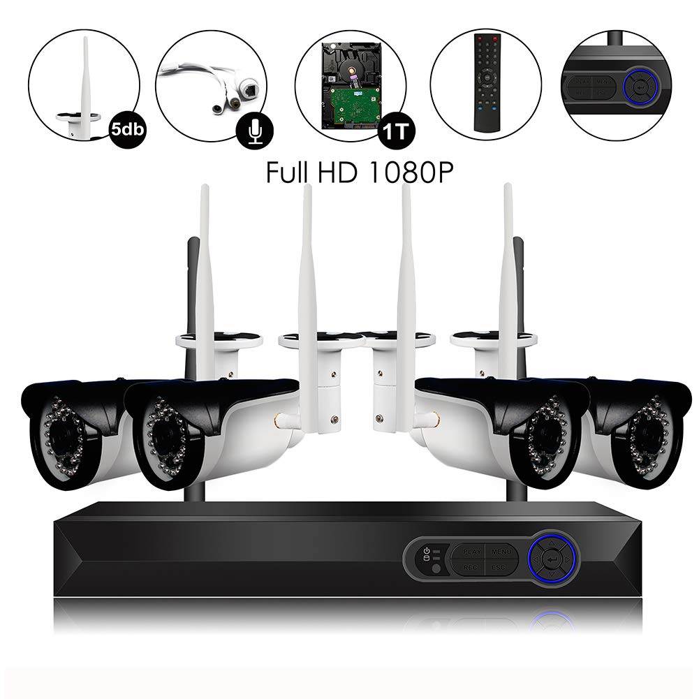 CAMVIEW Wireless Security Camera System 4pcs 1080P(2.0MP) WiFi CCTV IP Camera + 4CH HDMI NVR Home Video Surveillance System, Microphone Plug, Night Vision, Motion Detection, 1TB HDD Pre-installed