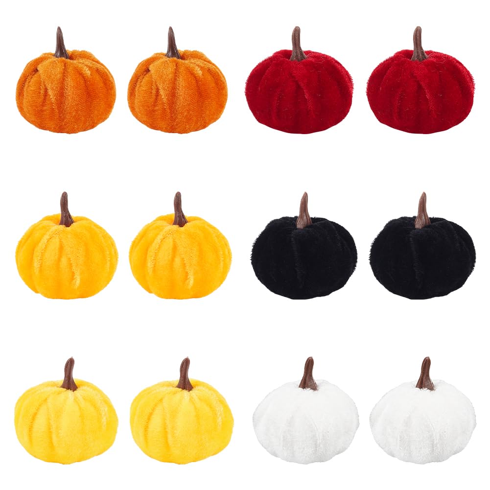 NBEADS 18 Pcs 6 Colors Velvet Artificial Pumpkins, Mini Handmade Pumpkins Decoration Fall Tabletop Centerpieces with Plastic Findings for Fall Harvest Thanksgiving Halloween Props