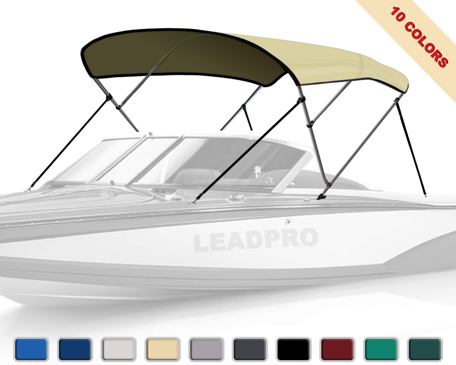 Leadpro 10 Optional Colors 13 Different Sizes 3-4 Bow Bimini Top Boat Cover with 4 Straps, Mounting Hardwares & Storage Boot