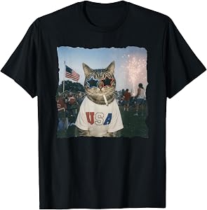 Patriotic Cat Wears USA 4th of July T-Shirt