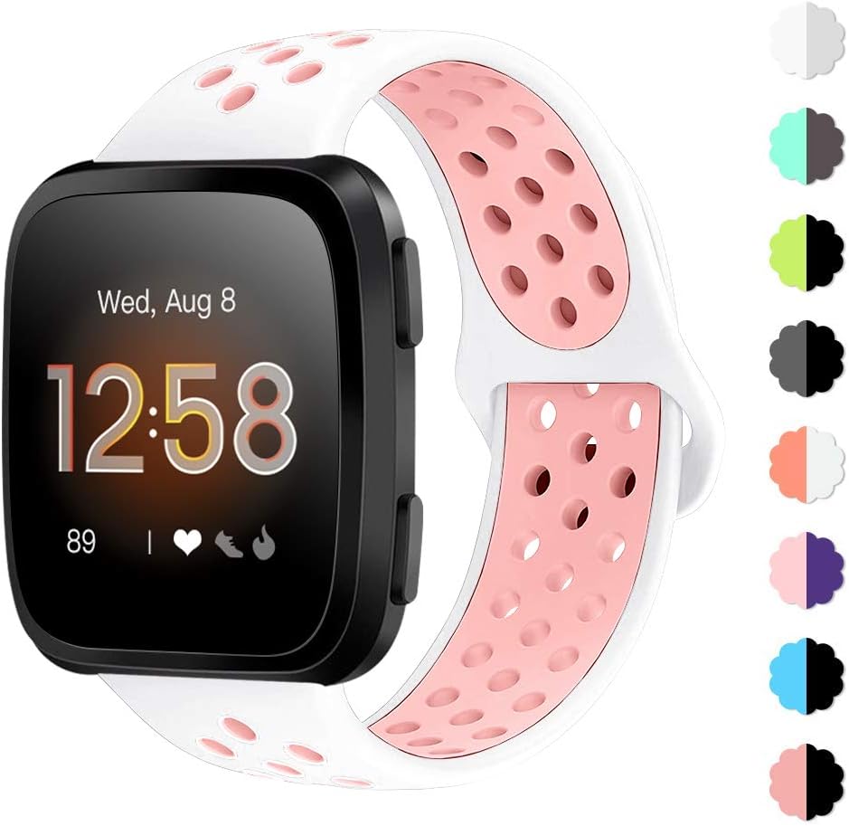 NANW Bands Compatible with Fitbit Versa/Versa 2/Versa Lite Small Large,Soft Silicone Replacement Band for Versa/Versa 2,Air Hole Wristband Strap for Women Men (Large Size: 6.7"-8.9", White&Peach)