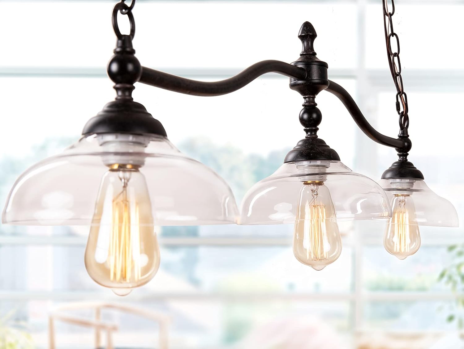 Dining Room Kitchen Island Light Fixture Hanging, Farmhouse Chandelier in Rustic Black Metal with Clear Glass Shades, Adjustable Chains Pendant Light - - 