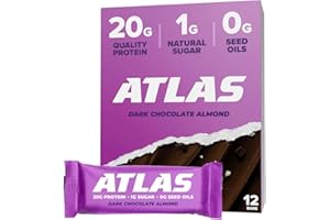 ATLAS PROTEIN BAR Atlas Bar – 20g Protein, 1g Sugar, 0g Seed Oils, 0g Artificial Sweeteners (Dark Chocolate Almond) (12 Count, Dark Chocolate Almond)