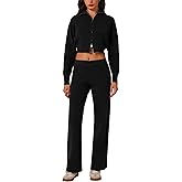 ABOCIW Women's 2 Piece Outfits Ribbed Knit Zip Up Cropped Sweatshirt Wide Leg Pants Sweater Set Sweatsuit