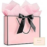 YoungTree Pink Valentines Gift Bag with Ribbon and Greeting Card 2 Tissue Papers, Valentines Bags, Medium Birthday Gift Bags with Handles, Present Bags for Valentines Day Wedding Party (Pink-Black)