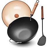 WANGYUANJI Carbon Steel Wok with Lid, 12.6" Hammered Stir Fry Pan with Helper Handle & Iron Spatula, Thickened Heavy Duty Flat Bottom Wok for Induction, Electric & Gas Stoves, Metal Utensil Safe