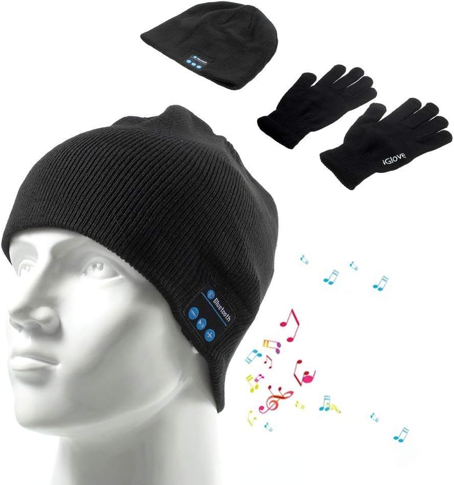 Knit Winter Bluetooth Beanie Hat Cap with Stereo Headphone Headset Speakers & Microphone Wireless Hands-free Compatible with Phones Tablets for Men Women with 1 Pair Free Touch Screen Gloves (Black-2)