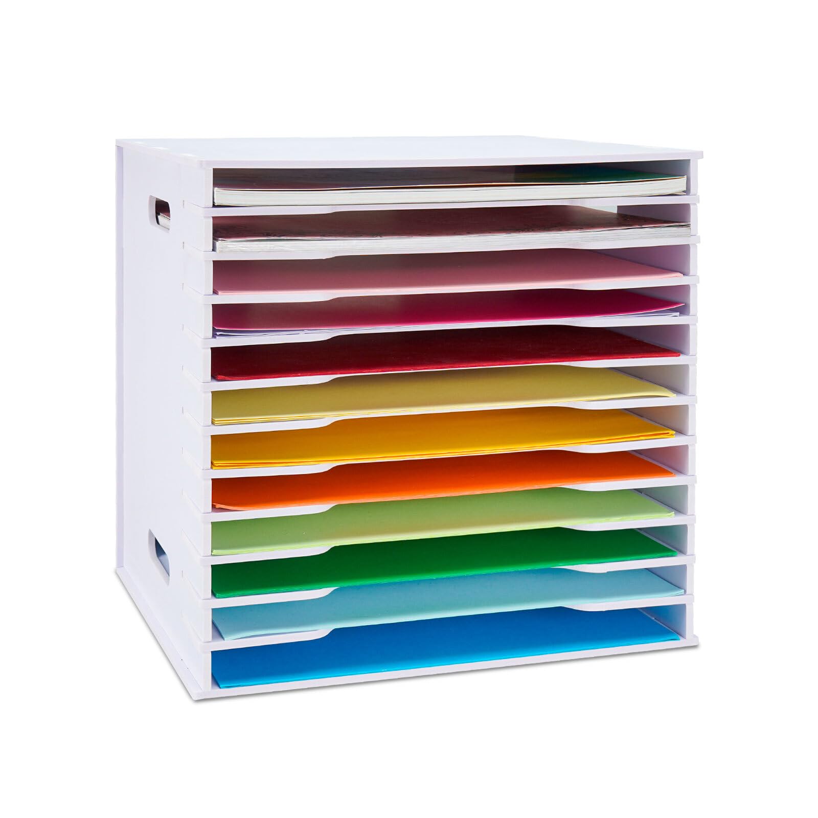 Photo 1 of SANFURNEY Scrapbook Paper Organizer for Sizes 12" x 12", 12 Slots File Sorter Storage, Document Holder, Desktop Scrapbook Paper Organizer Rack for Home Office School (White, 12 Slots - Standard Size)