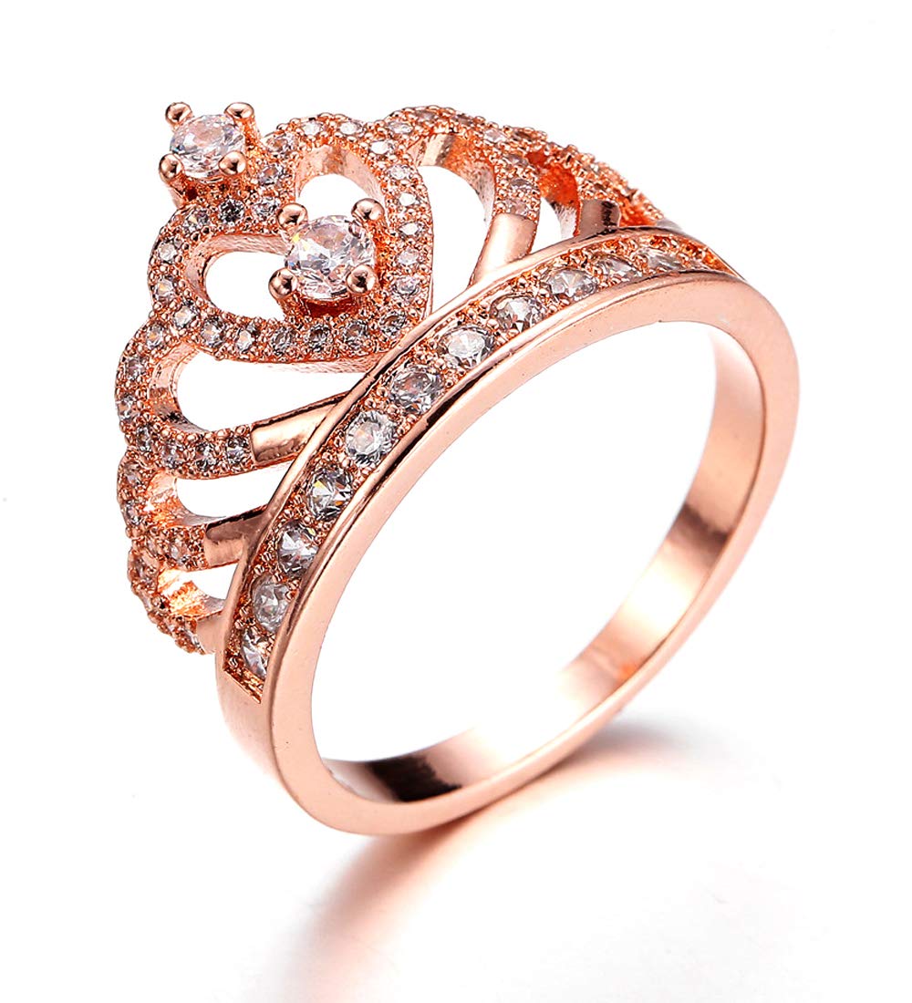Borong Ring Women Jewelry Princess Heart Crown Tiara Design with Rose Gold Plated Cubic Zirconia Engagement Wedding Band Rings Gift for Teen Girls