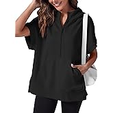 Fisoew Womens Oversized Half Zip Hoodies Short Sleeve Casual Sweatshirts Pullover Tops with Pockets