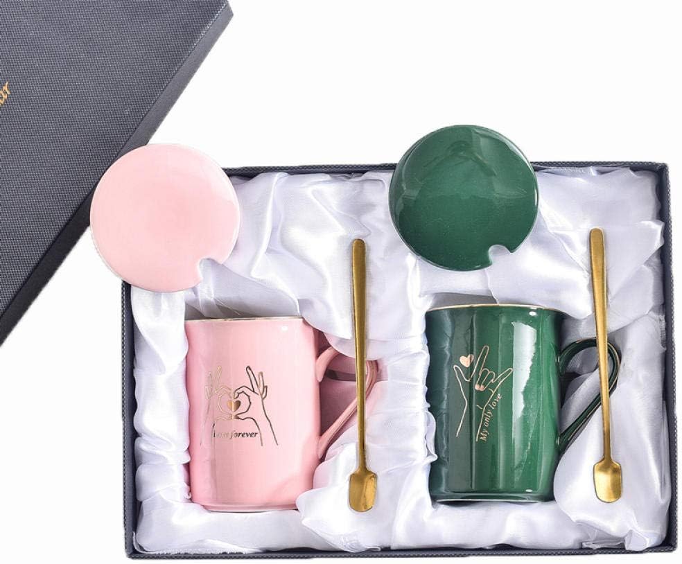 HMShun Mug Coffee Cup Ceramic with lid Spoon Cup Wedding Wedding Gift Box Set Couple Pair of Cups a Pair of Cups@Pink and Green 1