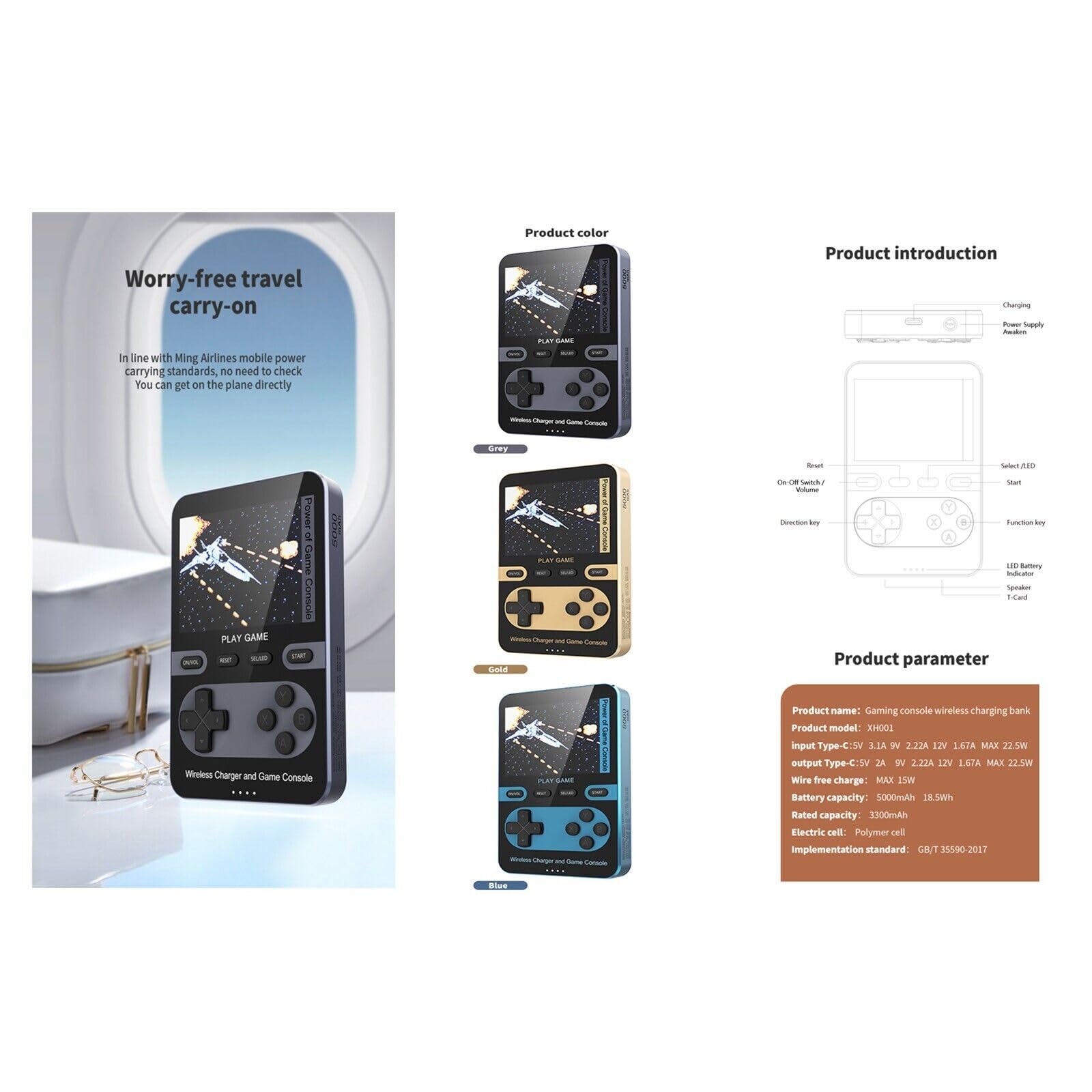 Kastar 2 in 1 Handheld Video Game Console Built-in 500 Classic Mini Games with 5000mAh Battery Pack Magnetic Power Bank Wireless Charger Max 15W【Color: Blue】