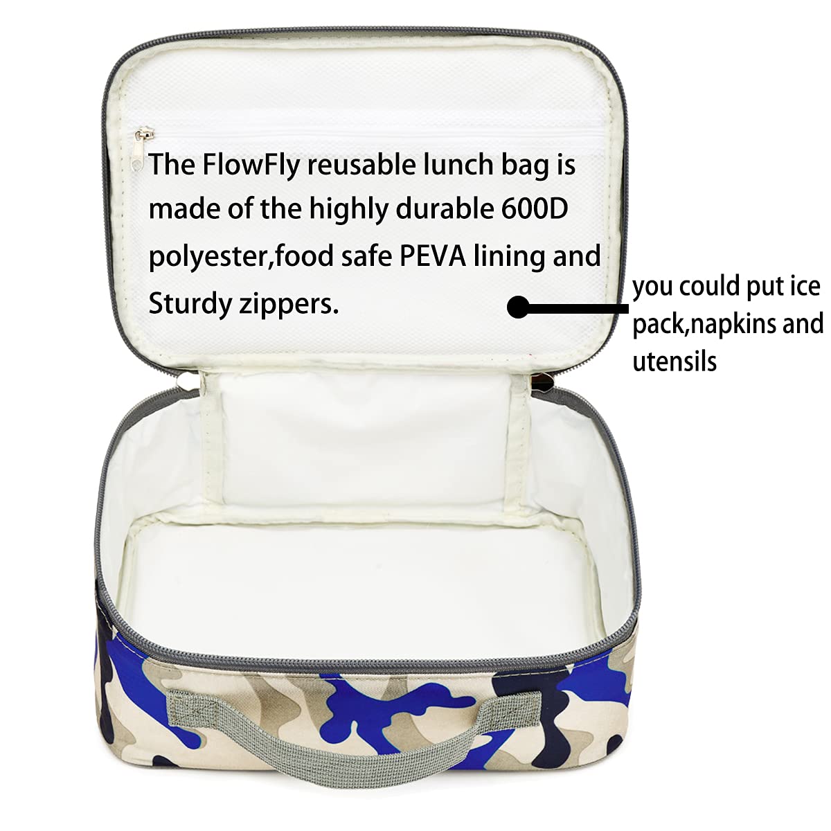 FlowFly FlowFly Kids Lunch box Insulated Soft Bag Mini Cooler Back to School Thermal Meal Tote Kit for Girls, Boys,Blue Camo