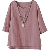 Minibee Women's 3/4 Sleeve Cotton Linen Jacquard Blouses Top T-Shirt