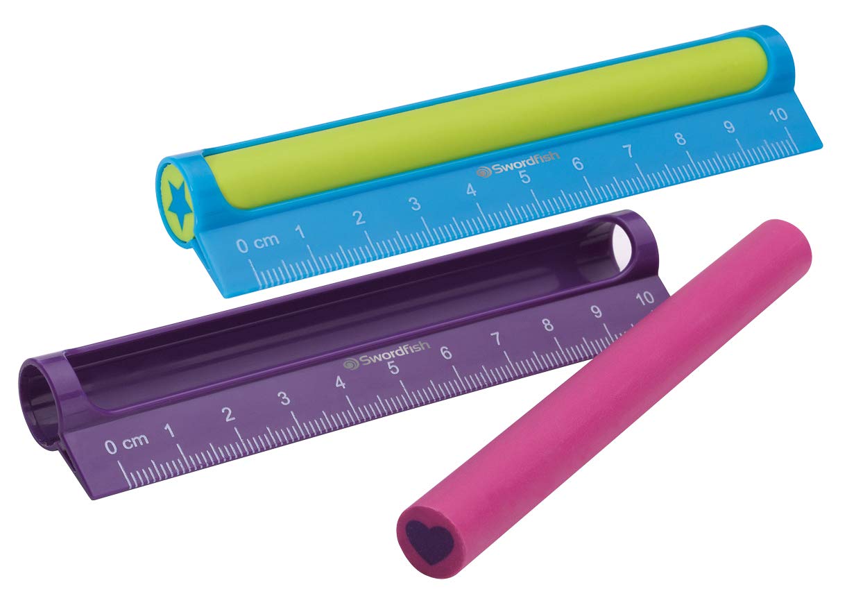Swordfish ‘LineOut Ruler Eraser’ with 10 cm/4” Ruler [Pack of 1] PVC and Phthalate Free Eraser – Pink/Purple or Blue/Green [40370]