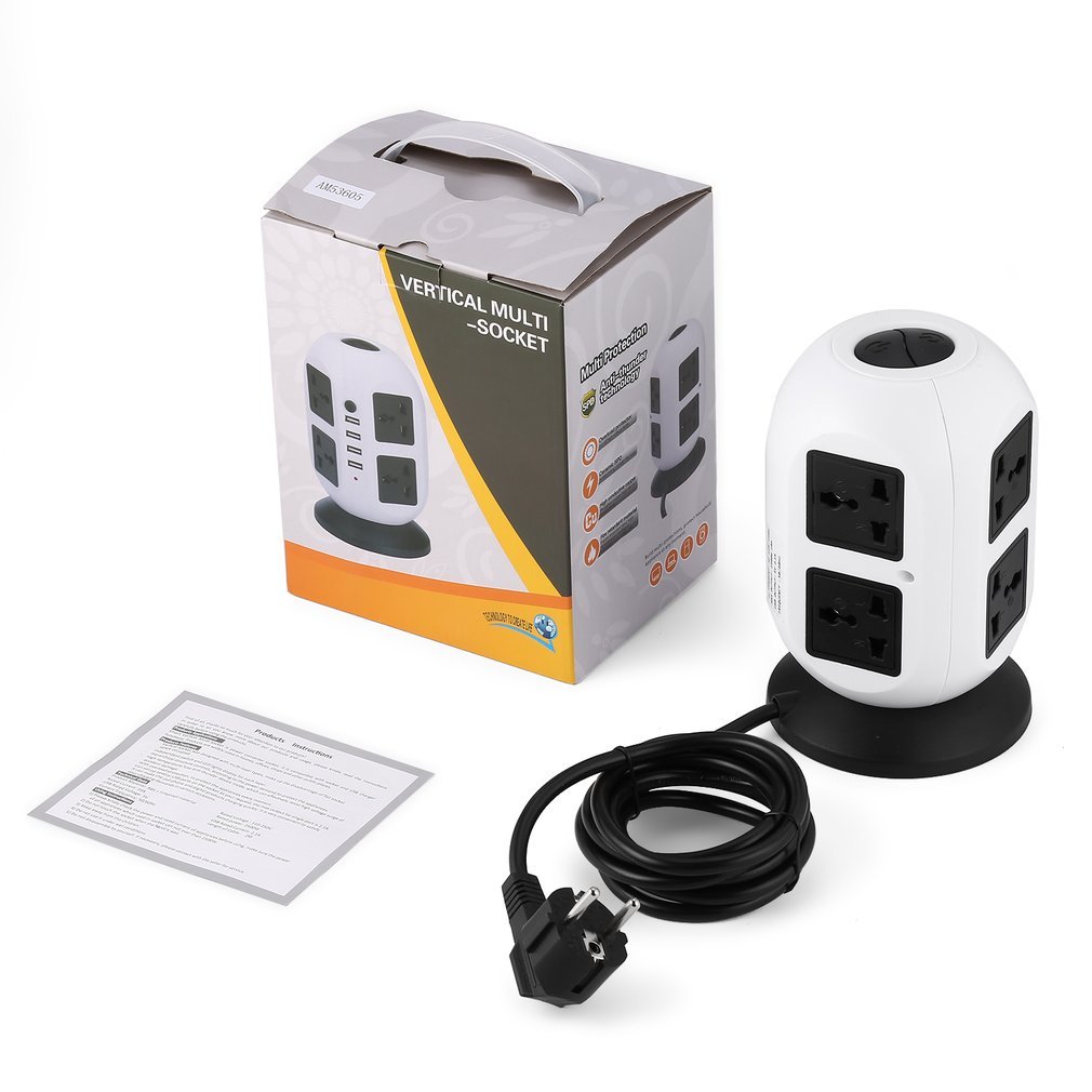 Tour Multiprise, Parasurtenseur Parafoudre avec 8 Prises EU et 4 Ports USB Individuels, Barrettes D\'alimentation Portables, Base Ronde, 3 Commutateurs Indépendants, Câble D\'alimentation Plus Épais