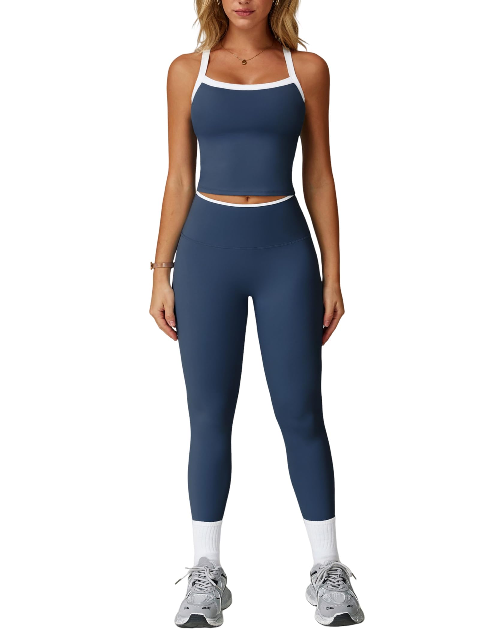 Photo 1 of Womens Workout Sets Two Piece Cross Back Tank Top Matching Tummy Control High Waist Leggings Set 2 Piece For Women Gym Yoga Active Wear Outfits Athletic Work Out Clothes Colorblock Dark Blue M