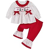 KtwHarnu Infant Toddler Baby Girl Christmas Outfit Smocked Long Sleeve Ruffle Shirt Top and Pants Set Fall Winter Clothes
