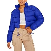 PEHMEA Women's Cropped Puffer Jacket Winter Warm Zip Up Stand Collar Short Down Bubble Coat with Pocket
