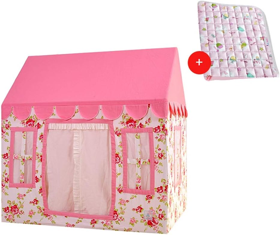 Kibten Lovely Cartoon Flower Decor Girls Princess Play House Castle Indoor Outdoor Garden Toddlers Kids Play Tent Toy Room Cotton Wooden Large Teepee Tent Game House for Children Gift