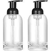 CHBJDAN 2 Pack Thick Clear Glass Jar Soap Dispenser with Foaming Pump, 13 Ounce Clear Round Bottles Dispenser with Foaming Pu