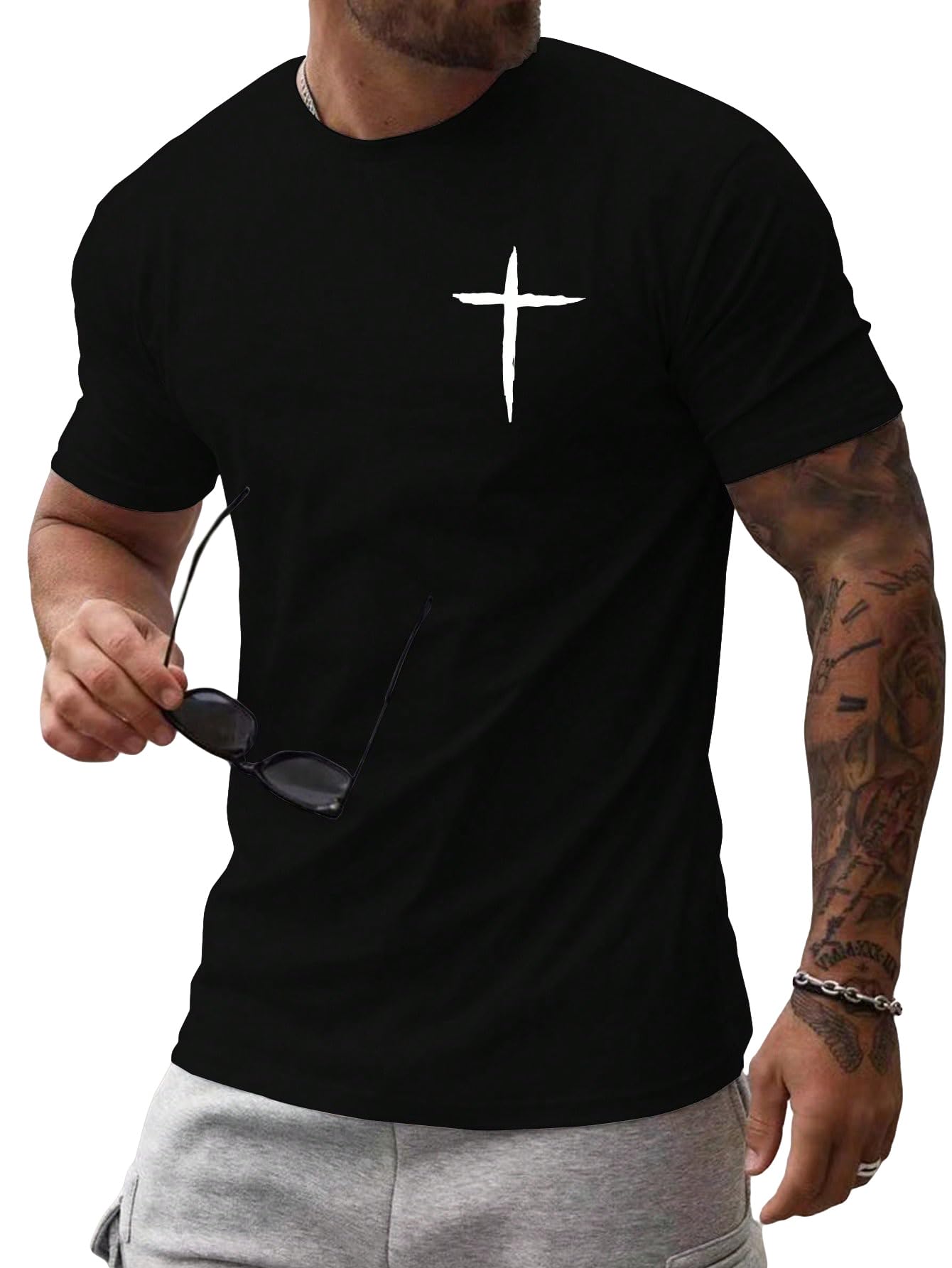 Floerns Men's Cross Print Short Sleeve T Shirt Crewneck Tee Shirts