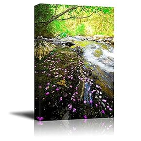 Canvas Prints Wall Art - Beautiful Scenery of Rhododendron Dauricum Bagulnik Fallen Flowers on Stream Smolny | Modern Wall Art Stretched Gallery Canvas Wraps& Ready to Hang - 12" x 18"