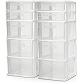 HOMZ 2-Pack Drawer Tower, 5-Tier Clear Plastic Storage Organizer Unit, White Frame - Multi-Purpose Container Drawers for Bedroom, Bathroom, and Office Organization
