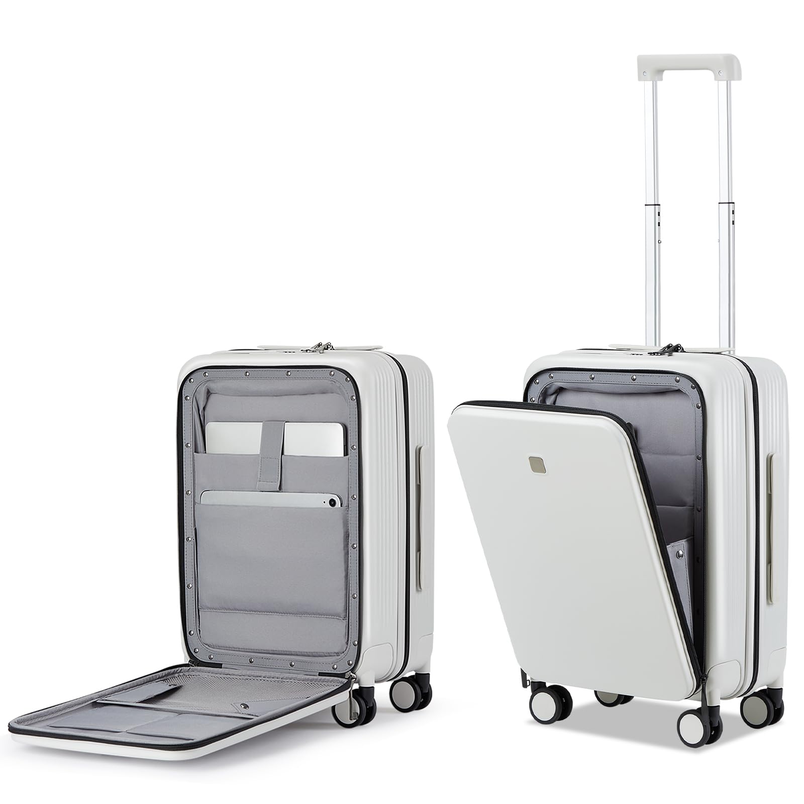 Hanke Grace Carry On Luggage with Wheels Airline Approved Hard Shell Suitcases with Front Pocket，Top Opening Luggage with TSA Lock for Short Business Travel，Smoke White.