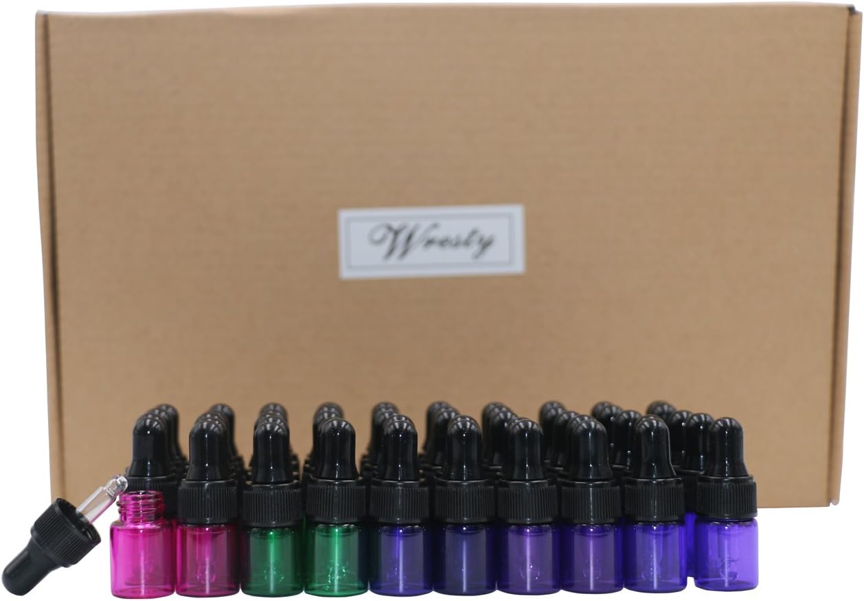 50 Packs 2 ml(5/8 Dram) Glass Dropper Bottles Refillable Eye Dropper Vials Container For Essential Oil Perfume Blends Black Caps,With 2 Dropper