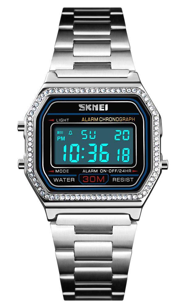 Gosasa Classic Unisex Women's Men's Digital Multifunction Sports Watch Stainless Steel Band Square Waterproof Electronic Led Watch, Crystals Silver, M, Digital