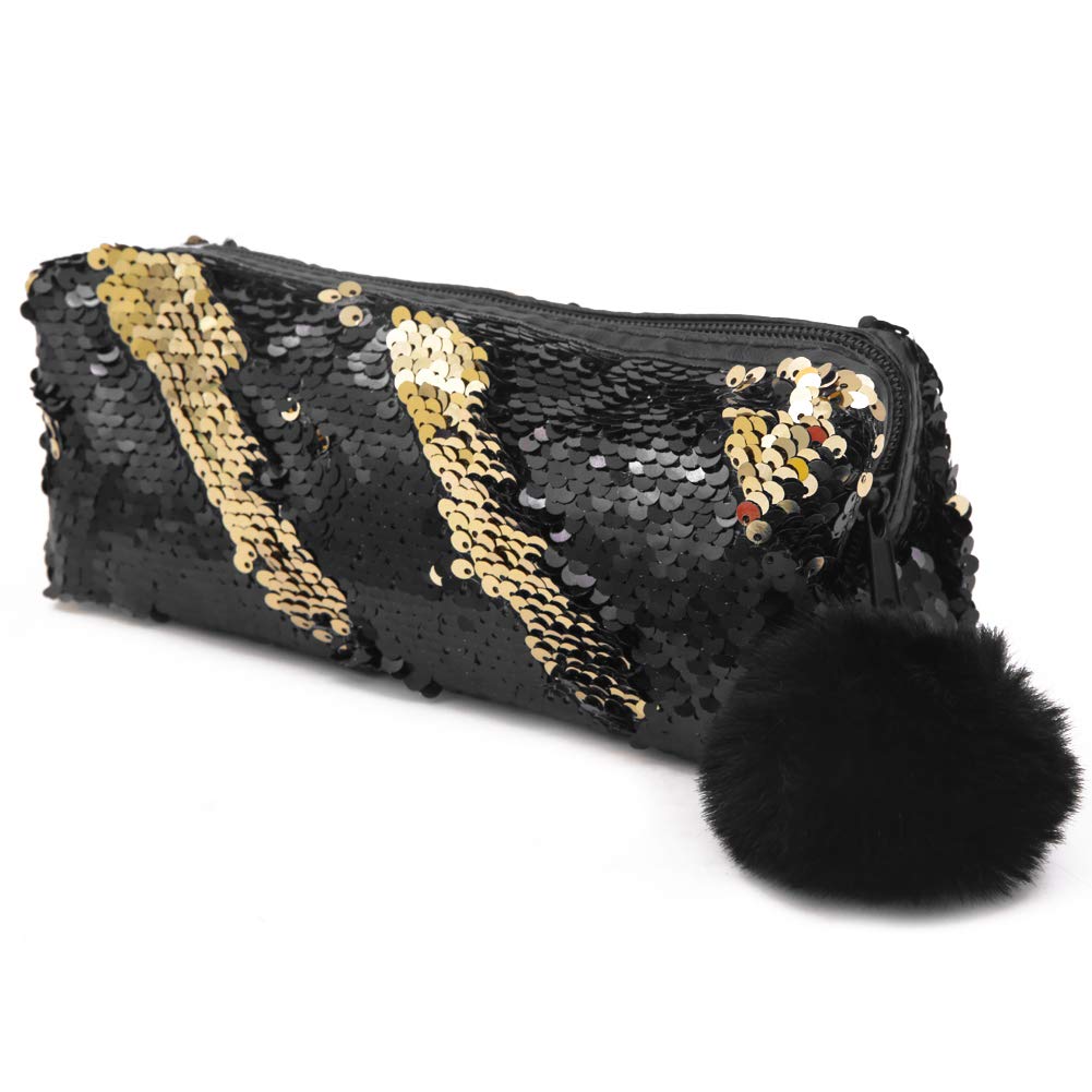 Winterworm Large Rainbow Reversible Sequin Pencil Case School Glitter Make Up Bag Pouch (Black+Gold)