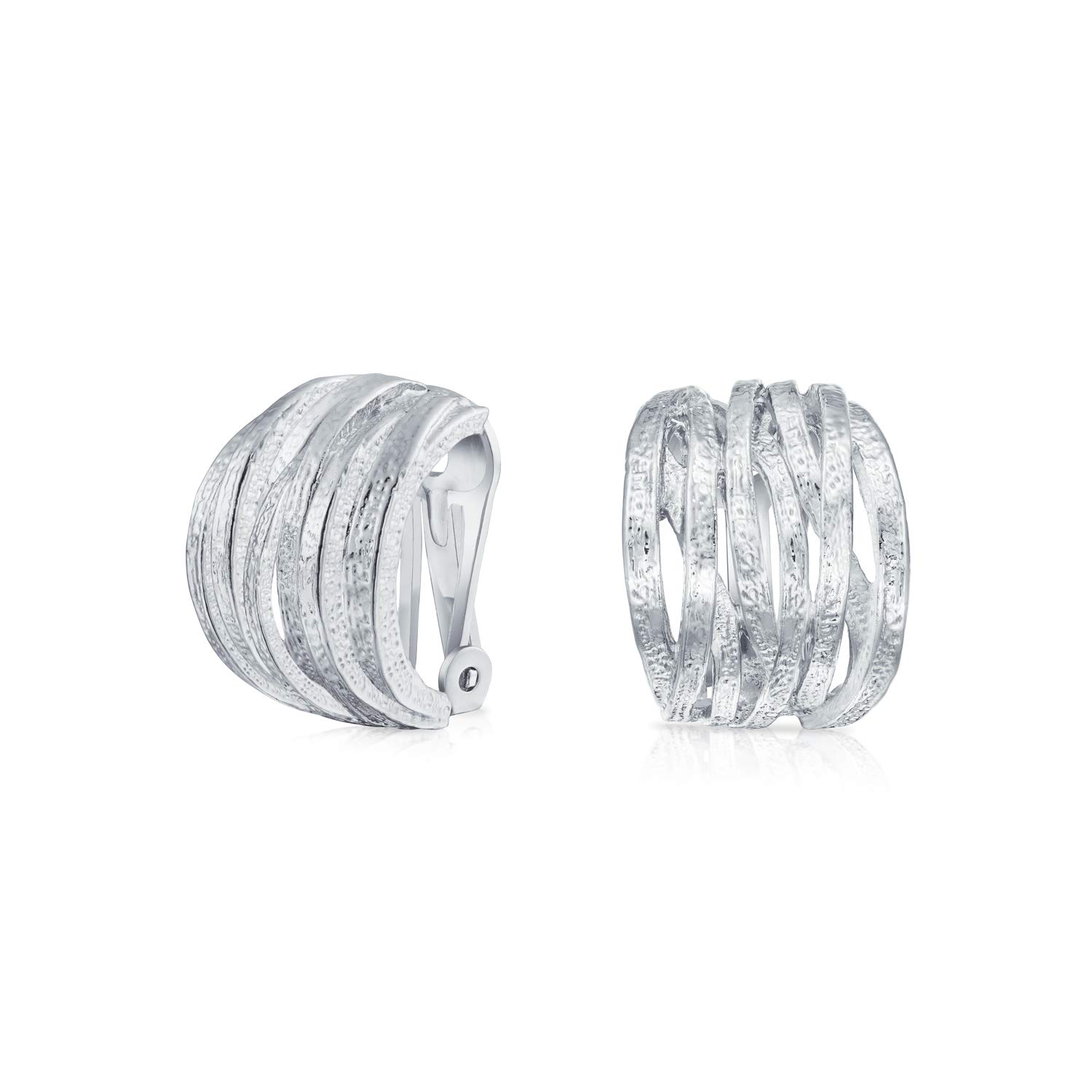 Fashion Open Criss Cross Basket Weave Wide Half Hoop Clip On Earrings For Women Non Pierced Ears Matte Silver Plated