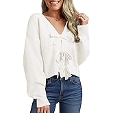 Saodimallsu Womens Bow Sweater Cropped V Neck Long Sleeve Fall Cozy Knit Loose Trendy Pullover Sweaters
