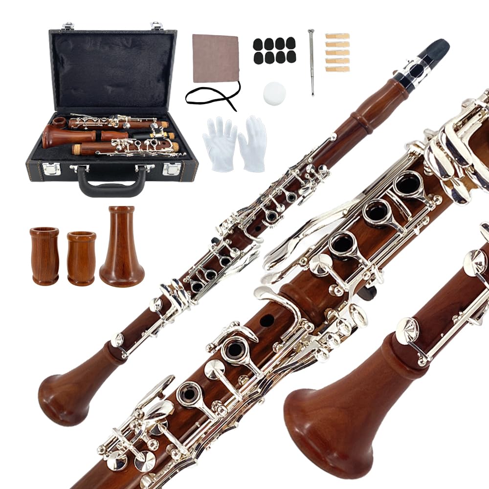 Yinfente Intermediate B-Flat Clarinet Rosewood wood Body Nickel Plate Bb Key 17 key Case + Reeds + Pads