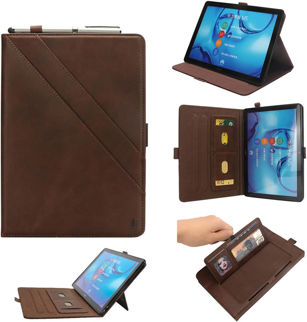 Lrker Double Prop Stand PU Leather Case for Huawei MediaPad M5 10.8/M5 Pro 10.8 inch 10.8", Cash Wallet Card Slot Pen Holder Auto Sleep/Wake Water-Safe Smart Full Cover Brown